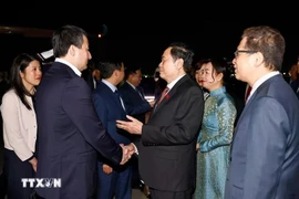 越南国会主席陈青敏与夫人、乌兹别克斯坦共和国副总理贾姆希德·阿卜杜哈基莫维奇·霍贾耶夫以及代表合影。图自越通社