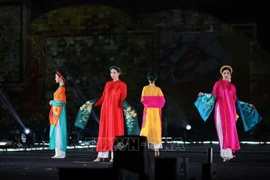 在首届河内世界文化节中进行奥黛表演。图自越通社