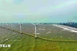 韩国-茶荣风电厂的风力涡轮机。图自越通社