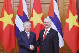 越共中央总书记苏林和古巴共产党中央第一书记、古巴共和国主席米格尔·迪亚斯-卡内尔·贝穆德斯。图自越通社
