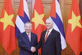越共中央总书记苏林和古巴共产党中央第一书记、古巴共和国主席米格尔·迪亚斯-卡内尔·贝穆德斯。图自越通社