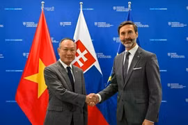 越南驻斯洛伐克大使范长江和斯洛伐克外交部长尤拉伊·布拉纳尔。图自越通社