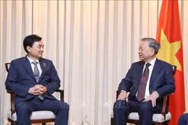 越共中央总书记苏林在韩国首都首尔会见了韩越议员友好小组主席安圭柏。图自越通社