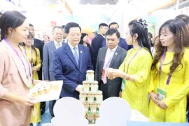 越南政府副总理梅文政参观越南企业的展位。图自越通社