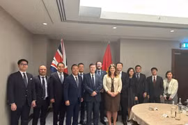 阮黄龙副部长与英国贸易政策国务大臣道格拉斯·亚历山大（Douglas Alexander）及两国各部委、使馆代表在第14次JETCO会议上合影留念。图自越通社