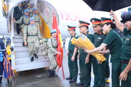 越南维和局领导和部分机关、单位在机场迎接三号工兵队。图自人民军报