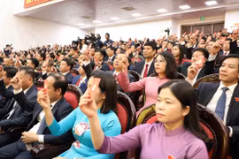 代表们表决通过大会决议草案。图自越通社