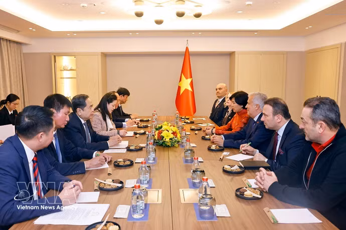 越南国会主席陈青敏会见越南驻土耳其伊斯坦布尔市名誉领事阿里·泰佐尔梅兹。图自越通社