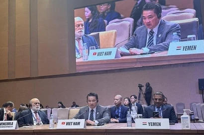 越南外交部国际组织司司长范海英大使在会上发表讲话。外交部供图