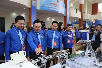 资料图：代表们参观岘港市青年创新、创造和“一乡一品”产品展览。图自越通社