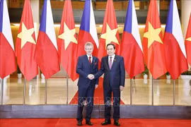 越南国会主席陈青敏与捷克参议院议长米洛什·维斯特奇尔。图自越通社