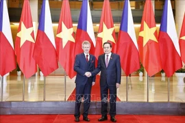 越南国会主席陈青敏与捷克参议院议长米洛什·维斯特奇尔。图自越通社