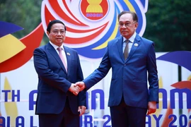 马来西亚总理安瓦尔·易卜拉欣迎接越南政府总理范明政。图自越通社