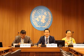 越南常驻联合国、世界贸易组织及日内瓦其他国际组织代表团团长梅潘勇大使（中）发表讲话。图自越通社
