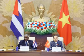 越南国会主席陈青敏与古巴全国人民政权代表大会主席埃斯特万·拉索·埃尔南德斯共同主持越古议会间合作委员会第二次会议。图自越通社