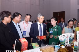 越南驻柬大使阮明宇和柬埔寨企业代表参观越南展位。图自越通社