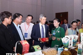 越南驻柬大使阮明宇和柬埔寨企业代表参观越南展位。图自越通社