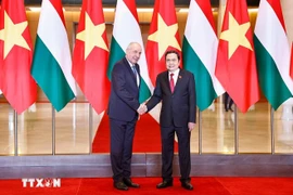 2025年5月28日下午，越南国会主席陈清敏在国会大厦会见了正对越南进行正式访问的匈牙利总统舒尤克·道马什。图自越通社