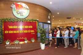 许多游客排队观看奠边府战役全景画（panorama）。图自越通社