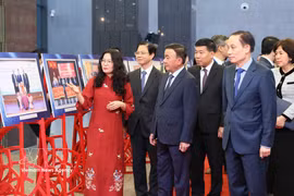 越共中央政治局委员、中央书记处常务书记陈锦秀与各位代表参观2025年民间外交工作成就图片展。图自越通社