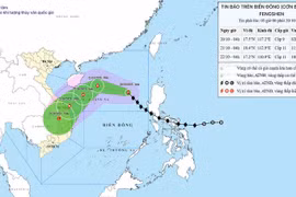 10月20日早晨5时，第12号台风的移动方向。越南国家气象水文预报中心供图