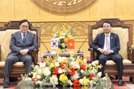 宁平省委书记邓春风（右）与韩国国会议长禹元植。图自越通社