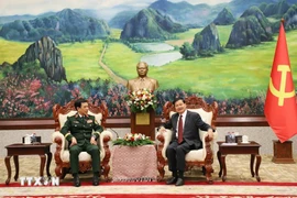 越共中央政治局委员、中央军委副书记、国防部长潘文江大将礼节性拜会老挝人民革命党中央总书记、国家主席通伦·西苏里。图自越通社