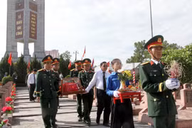 在老挝牺牲的76位越南烈士追悼和安葬仪式。图自越通社