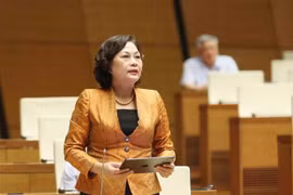 越南国家银行行长阮氏红回答质询。图自越通社