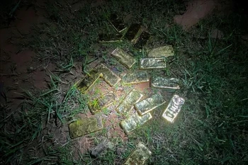 执法人员查获一辆摩托车和18块长方形金属锭（每块尺寸约11.5 x 5.1厘米），总重18公斤。图自越通社