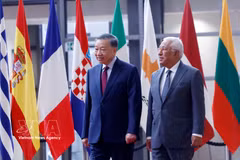 越共中央总书记、国家主席苏林与欧洲理事会主席安东尼奥·科斯塔（António Costa）。图自越通社