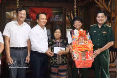 由岘港市委常务副书记阮廷永率领的岘港市委工作组，走访了雄山边境乡优抚家庭。图自越通社