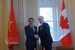 工贸部部长黎孟雄与加拿大能源与自然资源部部长蒂姆·霍奇森举行会谈。图自越通社