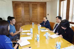 越共中央政治局委员、中央书记处书记、中央组织部部长阮维玉与新加坡政府科技局政府开源科技部主管李鸿毅进行了工作会晤。图自越通社