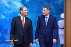 越南政府总理黎明兴会见老挝人民革命党中央政治局委员、中央书记处常务书记维莱·拉坎丰。图自越通社