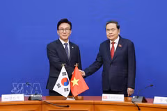 越南国会主席陈青敏会见韩国执政党共同民主党党首金民锡。图自越通社