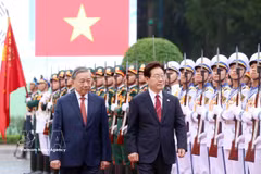 越共中央总书记、国家主席苏林与韩国总统李在明检阅仪仗队。图自越通社