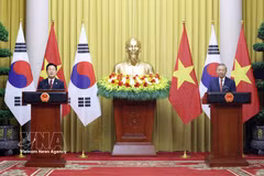 越共中央总书记、国家主席苏林与韩国总统李在明向媒体记者通报会谈结果。图自越通社
