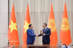吉尔吉斯共和国总统萨德尔·扎帕罗夫（Sadyr Japarov，右）向ROX Group创始人兼主席、海越股份商业银行（MSB）董事会主席陈英俊颁发“友谊勋章”（Dostuk Medal），表彰其为推动越南与吉尔吉斯斯坦投资合作作出的重要贡献。图自越通社