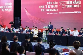 越南政府总理范明政在2025年越南民营经济论坛高级对话会上发表讲话。图自越通社