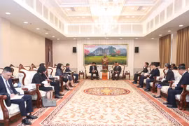 越共中央委员、外交部党委常务副书记、外交部副部长阮孟强会见老挝人民革命党中央政治局委员、中央书记处常务书记维莱·拉坎蓬。越南外交部供图