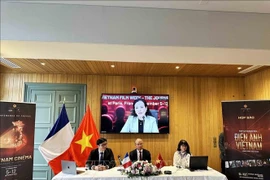 越南驻法国大使丁全胜、AVSE Global主席阮德姜教授、越南电影发展促进协会主席吴芳兰共同主持新闻发布会。图自越通社
