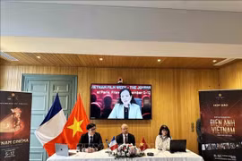 越南驻法国大使丁全胜、AVSE Global主席阮德姜教授、越南电影发展促进协会主席吴芳兰共同主持新闻发布会。图自越通社