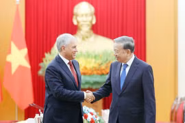 越共中央总书记苏林会见俄罗斯国家杜马主席维亚切斯拉夫·沃洛金。图自越通社