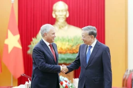 越共中央总书记苏林会见俄罗斯国家杜马主席维亚切斯拉夫·沃洛金。图自越通社