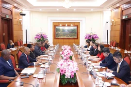 越共中央书记处常务书记陈锦绣与莫桑比克解放阵线党总书记罗克·席尔瓦举行会谈。图自越通社