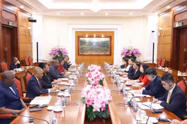 越共中央书记处常务书记陈锦绣与莫桑比克解放阵线党总书记罗克·席尔瓦举行会谈。图自越通社