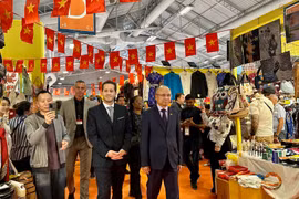 越南驻法国大使丁全胜和巴黎博览会组委会主任斯蒂夫·阿巴佐立参观越南展位。图自越通社
