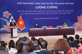 国家主席梁强与越南驻韩代表机构工作人员及旅韩越南人代表会面。图自越通社