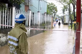 受2025年11月2日晚至11月3日早持续强降雨的影响，岘港市许多地区出现严重内涝，造成当地交通拥堵，使人们出行困难。图自越通社